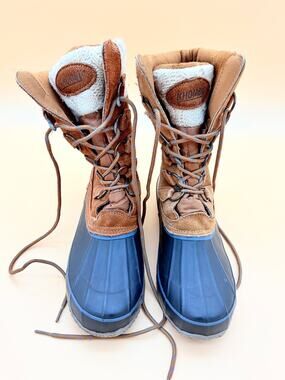 Khombu Duck Boots Womens 10 Winter Snow Boots Suede Cable Knit Cuff Navy Tan